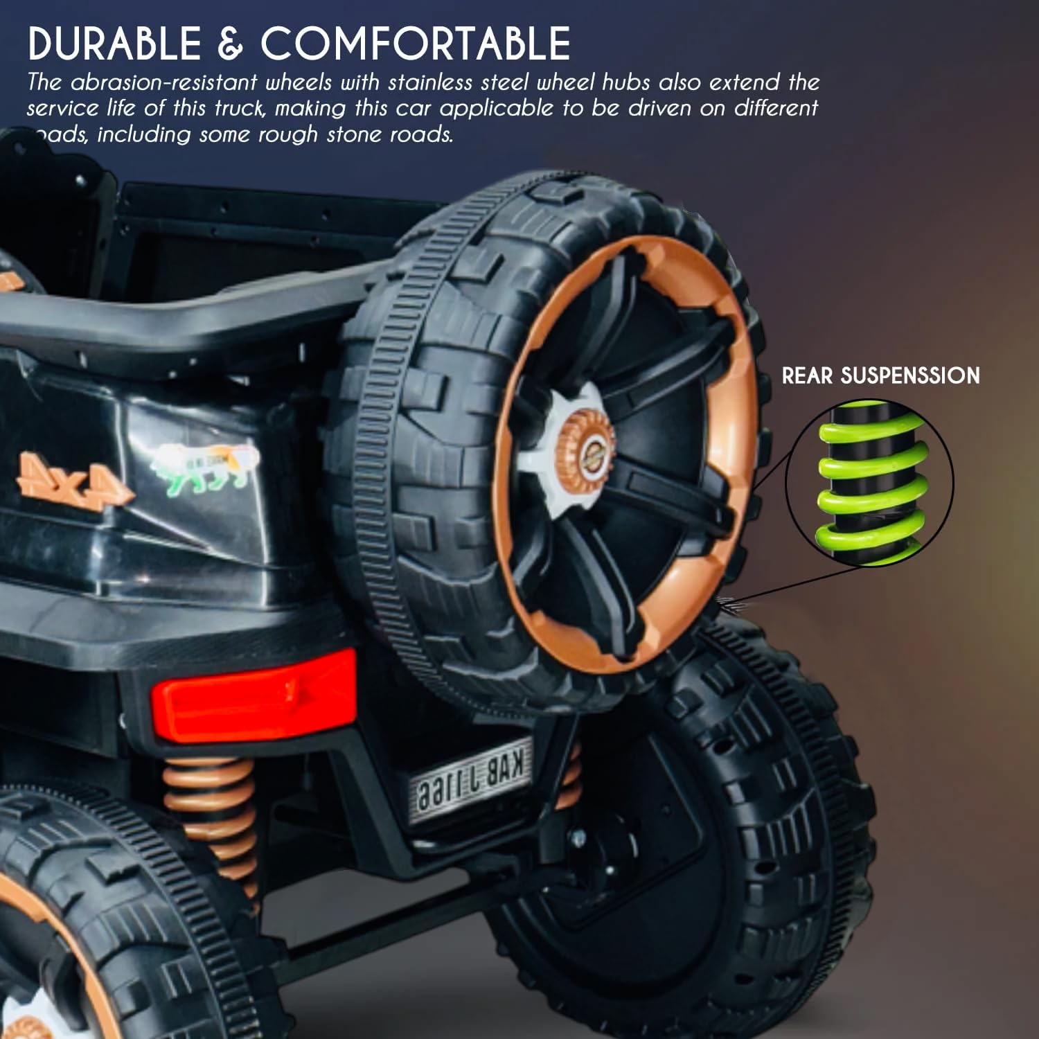 Toy truck with durable tires and suspension system on a dark background